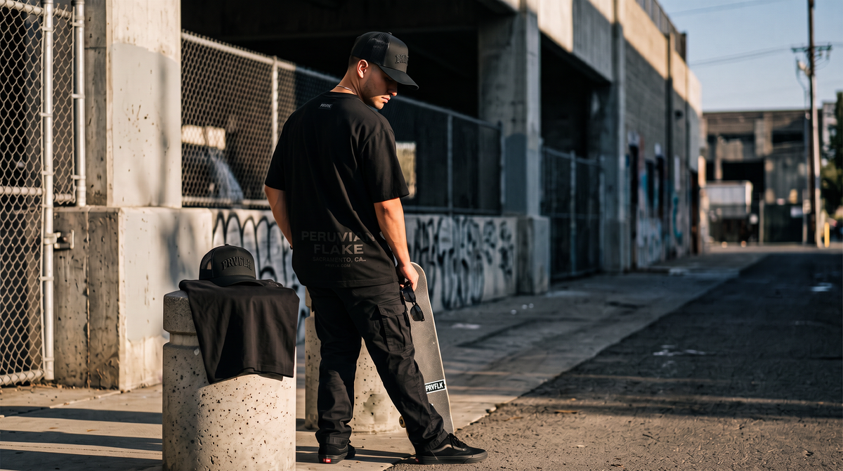 PRVFLK model wearing black trucker hat and Peruvian Flake t-shirt, holding a PRVFLK skateboard in an urban alley