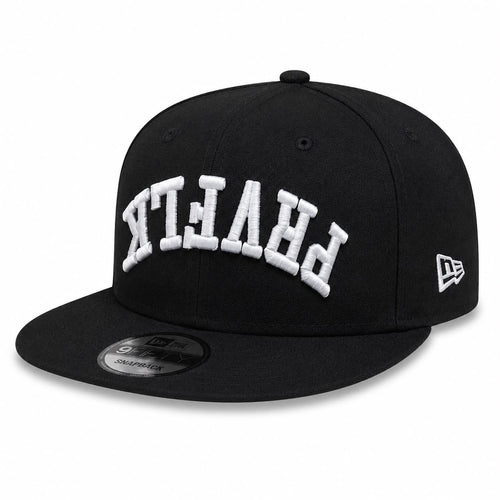 PRVFLK Upside Down New Era Snapback - black snapback with upside-down white PRVFLK embroidery