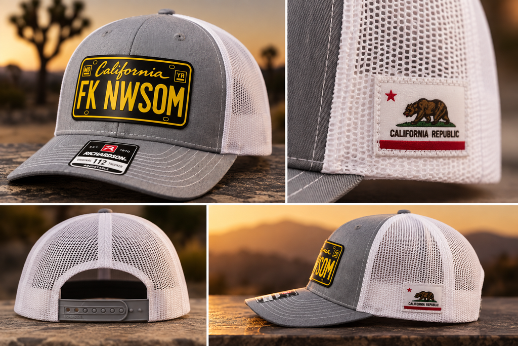 FK NWSOM California Leather Patch Trucker Hat — detail views showing the leather patch, California flag side patch, adjustable snapback closure, and hat profile